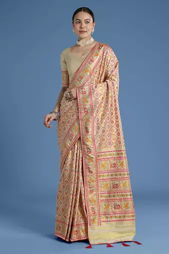 Cream faux banarasi satin silk saree with patola work