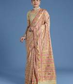 Cream faux banarasi satin silk saree with patola work