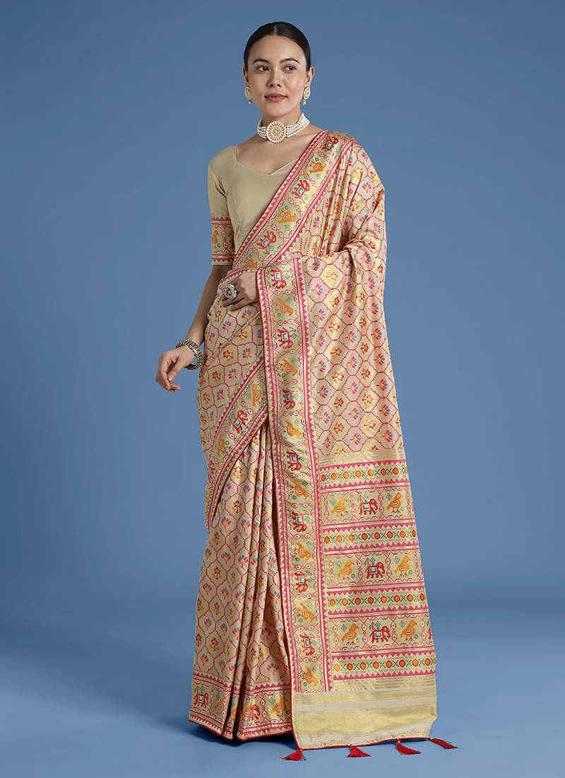 Cream faux banarasi satin silk saree with patola work