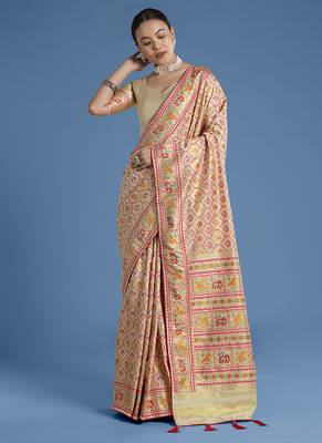 Cream faux banarasi satin silk blend saree with patola work 2