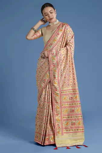 Cream faux banarasi satin silk blend saree with patola work