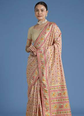 Cream faux banarasi satin silk blend saree with patola work 3