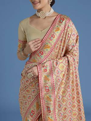 Cream faux banarasi satin silk blend saree with patola work 4