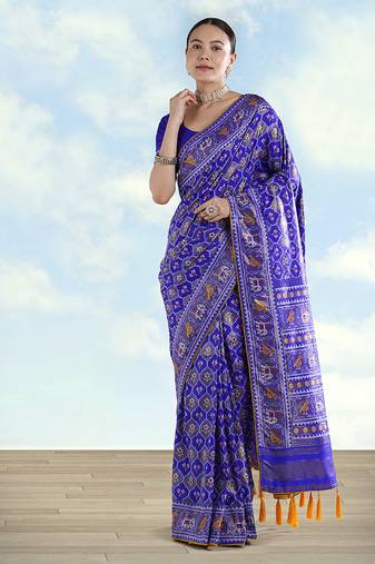 Navy blue faux banarasi satin silk saree with patola work