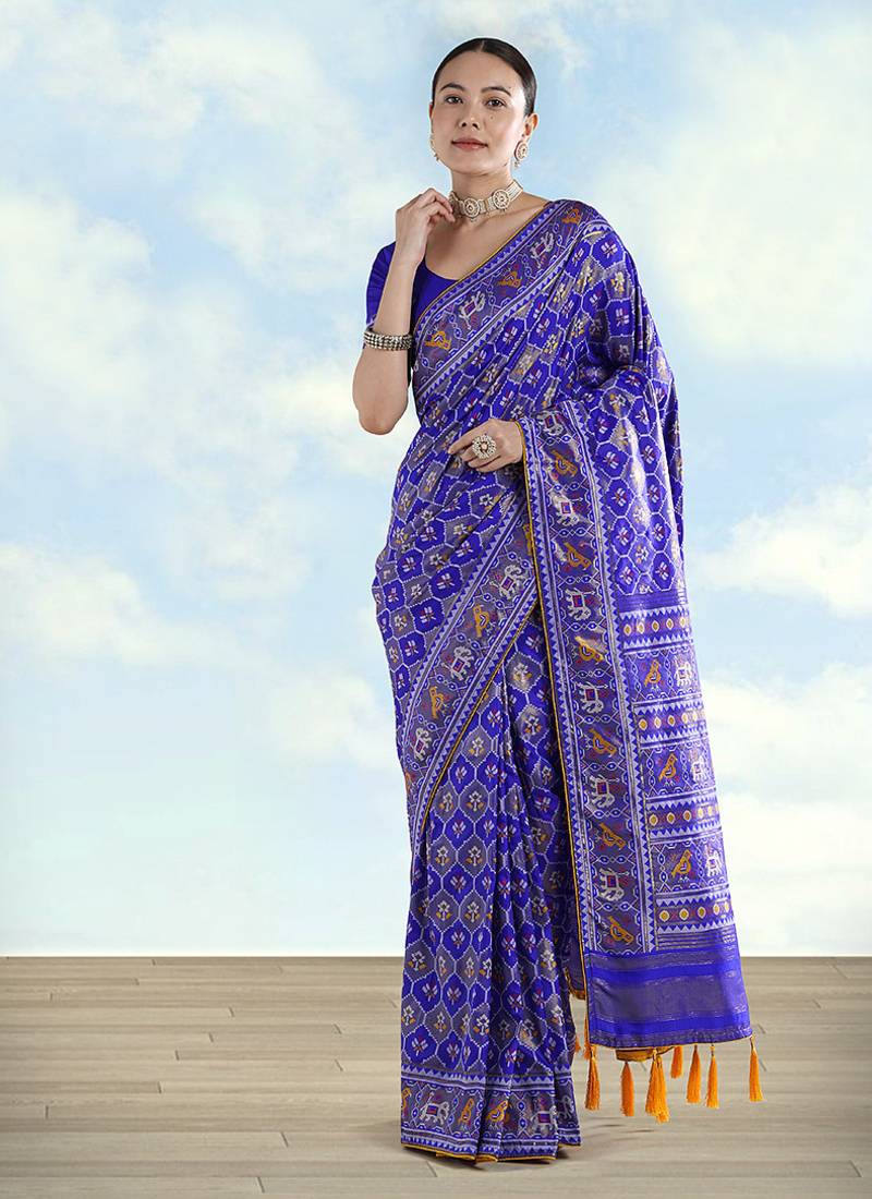 Navy blue faux banarasi satin silk saree with patola work
