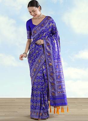 Navy blue faux banarasi satin silk blend saree with patola work 2
