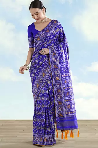 Navy blue faux banarasi satin silk blend saree with patola work