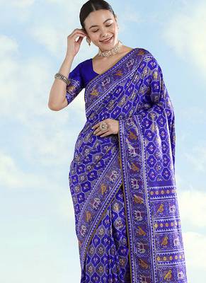 Navy blue faux banarasi satin silk blend saree with patola work 3