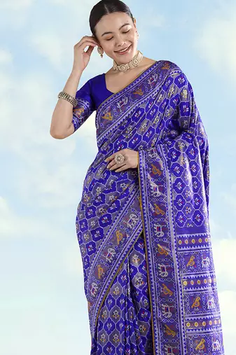 Navy blue faux banarasi satin silk blend saree with patola work