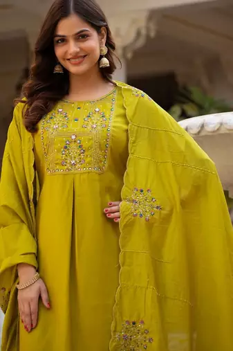 Pear Color Embroidery Sequins with Hand Work Viscose Silk Kurta Pent Set