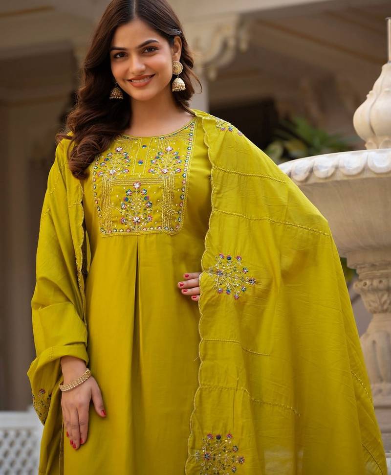 Pear Color Embroidery Sequins with Hand Work Viscose Silk Kurta pant Set