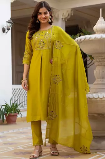 Pear Color Embroidery Sequins with Hand Work Viscose Silk Kurta pant Set