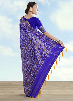 Navy blue faux banarasi satin silk blend saree with patola work 4