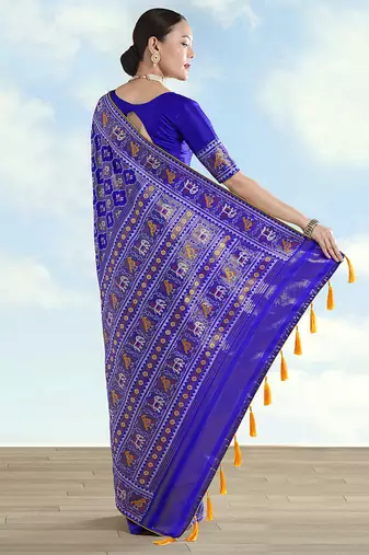 Navy blue faux banarasi satin silk blend saree with patola work