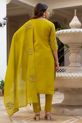 Pear Color Embroidery Sequins with Hand Work Viscose Silk Kurta Pent Set