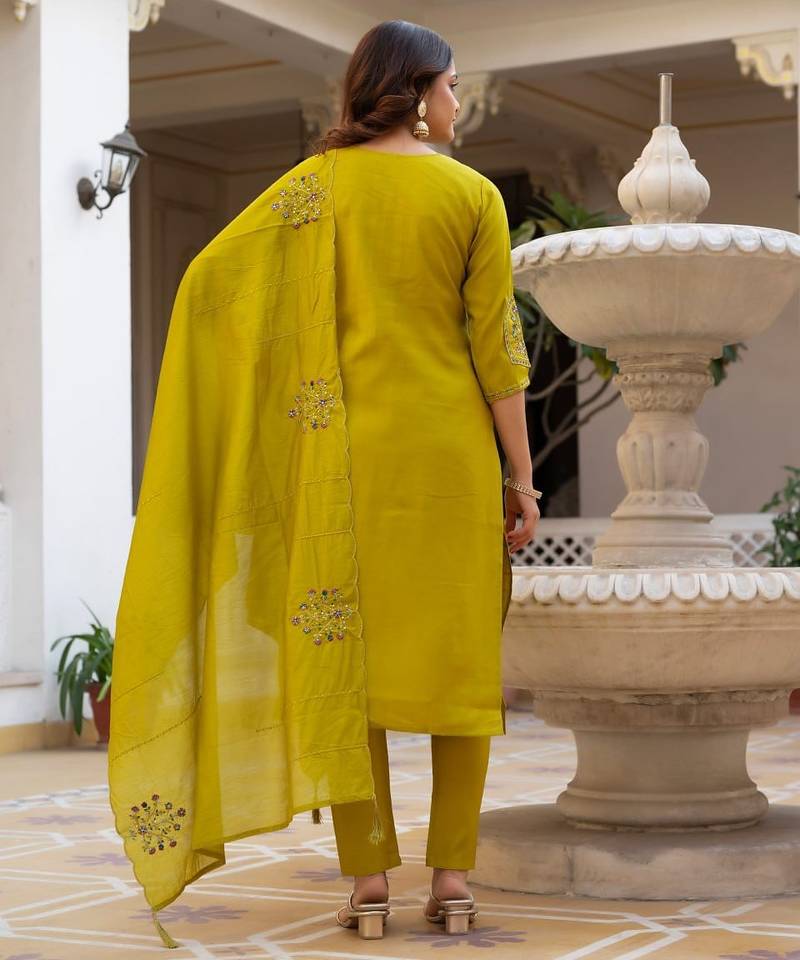 Pear Color Embroidery Sequins with Hand Work Viscose Silk Kurta pant Set
