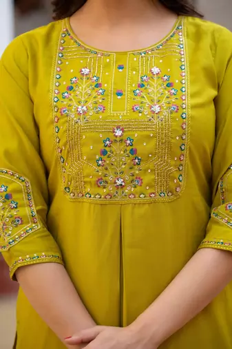 Pear Color Embroidery Sequins with Hand Work Viscose Silk Kurta Pent Set