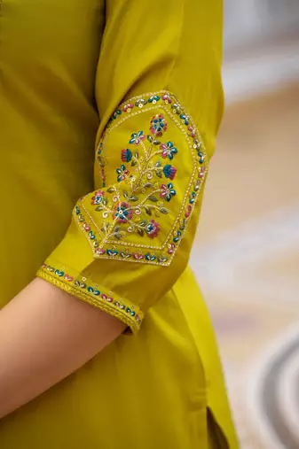 Pear Color Embroidery Sequins with Hand Work Viscose Silk Kurta Pent Set