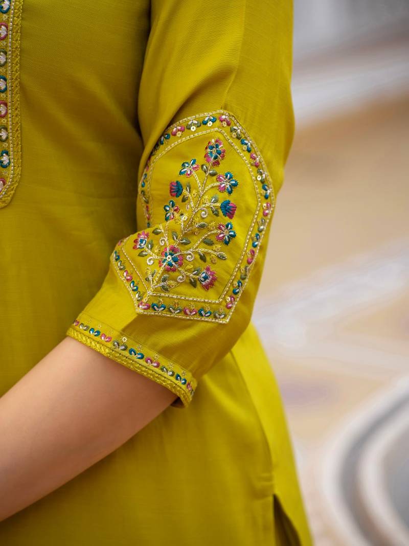 Pear Color Embroidery Sequins with Hand Work Viscose Silk Kurta pant Set