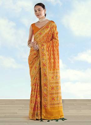 Mustard faux banarasi satin silk blend saree with patola work 1