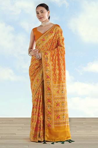 Mustard faux banarasi satin silk saree with patola work