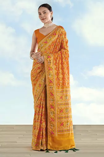 Mustard faux banarasi satin silk saree with patola work