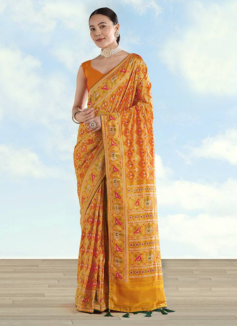 Mustard faux banarasi satin silk saree with patola work
