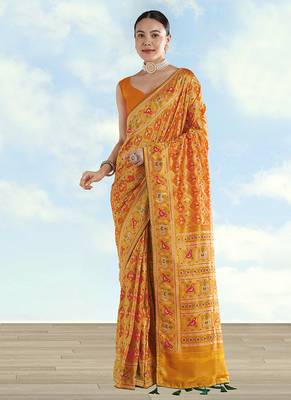 Mustard faux banarasi satin silk blend saree with patola work 2