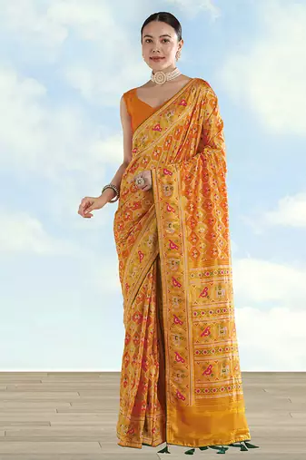 Mustard faux banarasi satin silk blend saree with patola work