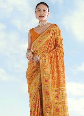 Mustard faux banarasi satin silk blend saree with patola work 3
