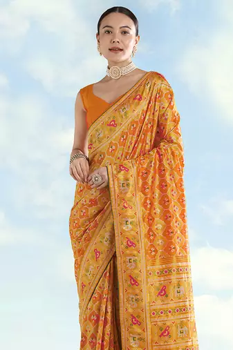 Mustard faux banarasi satin silk blend saree with patola work