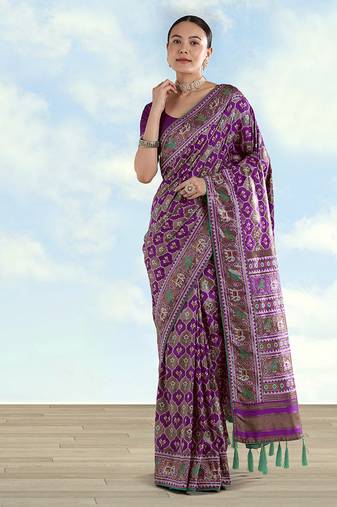 Purple faux banarasi satin silk saree with patola work