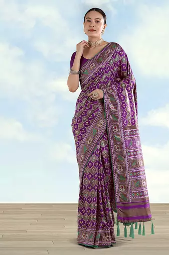 Purple faux banarasi satin silk saree with patola work