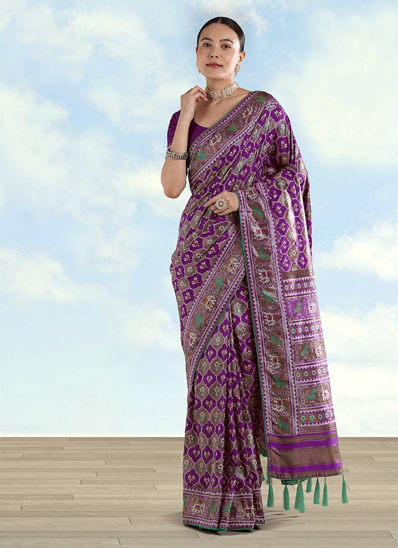 Purple faux banarasi satin silk saree with patola work