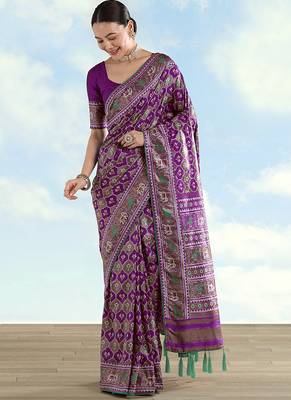 Purple faux banarasi satin silk blend saree with patola work 2