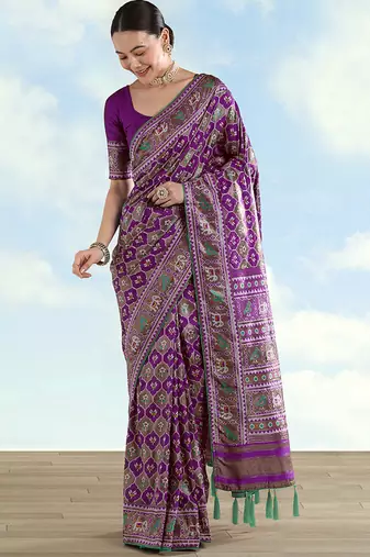 Purple faux banarasi satin silk blend saree with patola work