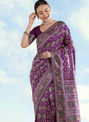 Purple faux banarasi satin silk blend saree with patola work 3