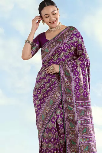 Purple faux banarasi satin silk blend saree with patola work