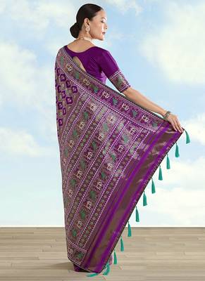 Purple faux banarasi satin silk blend saree with patola work 4