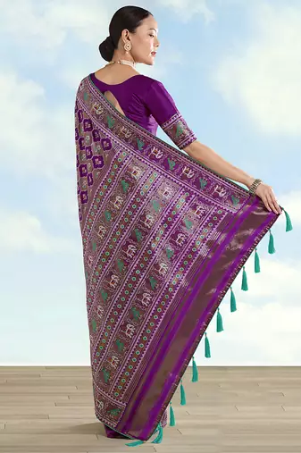 Purple faux banarasi satin silk blend saree with patola work