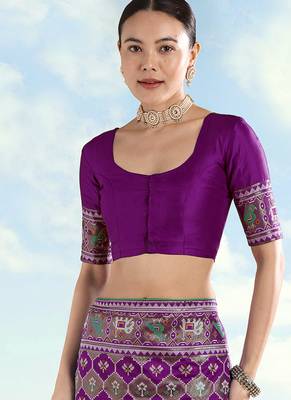Purple faux banarasi satin silk blend saree with patola work 5