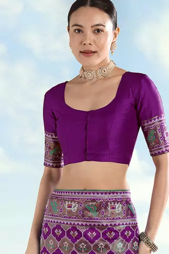Purple faux banarasi satin silk blend saree with patola work