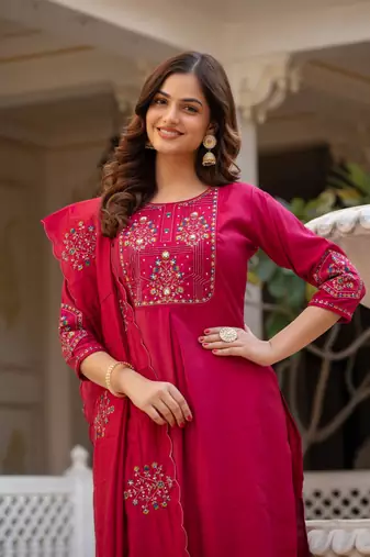 Rani Pink Color Embroidery Sequins with Hand Work Viscose Silk Kurta Pent Set
