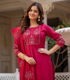 Rani Pink Color Embroidery Sequins with Hand Work Viscose Silk Kurta pant Set