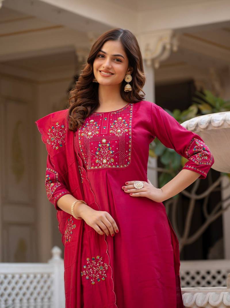 Rani Pink Color Embroidery Sequins with Hand Work Viscose Silk Kurta pant Set