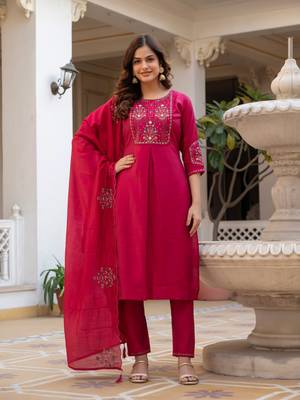 Rani Pink Color Embroidery Sequins with Hand Work Viscose Silk Kurta Pent Set 1