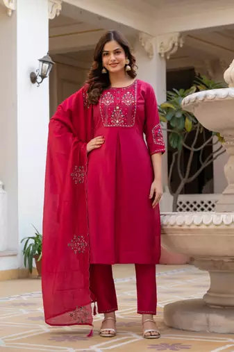 Rani Pink Color Embroidery Sequins with Hand Work Viscose Silk Kurta pant Set