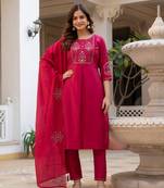 Rani Pink Color Embroidery Sequins with Hand Work Viscose Silk Kurta pant Set