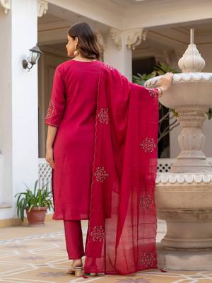 Rani Pink Color Embroidery Sequins with Hand Work Viscose Silk Kurta Pent Set 3