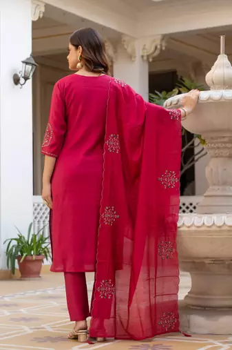 Rani Pink Color Embroidery Sequins with Hand Work Viscose Silk Kurta Pent Set